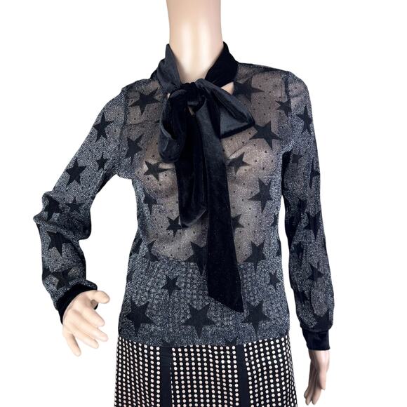 New Haoduoyi Black Stars Tie Front Shimmery Silver Long Sleeves Blouse Size S - Picture 1 of 9